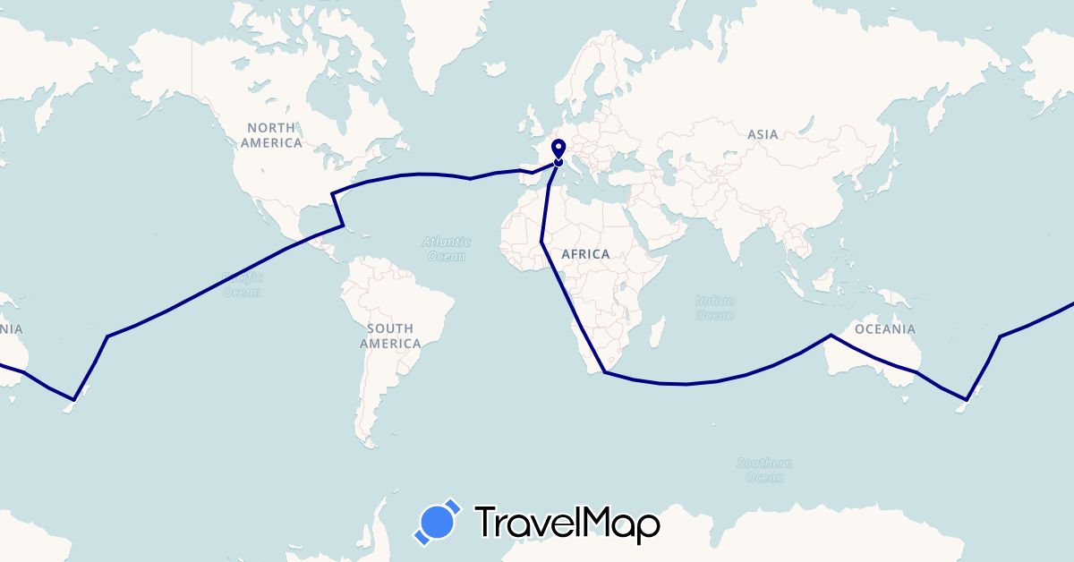 TravelMap itinerary: driving in Australia, Cuba, Algeria, Spain, France, Mali, New Zealand, Portugal, Tonga, United States, South Africa (Africa, Europe, North America, Oceania)